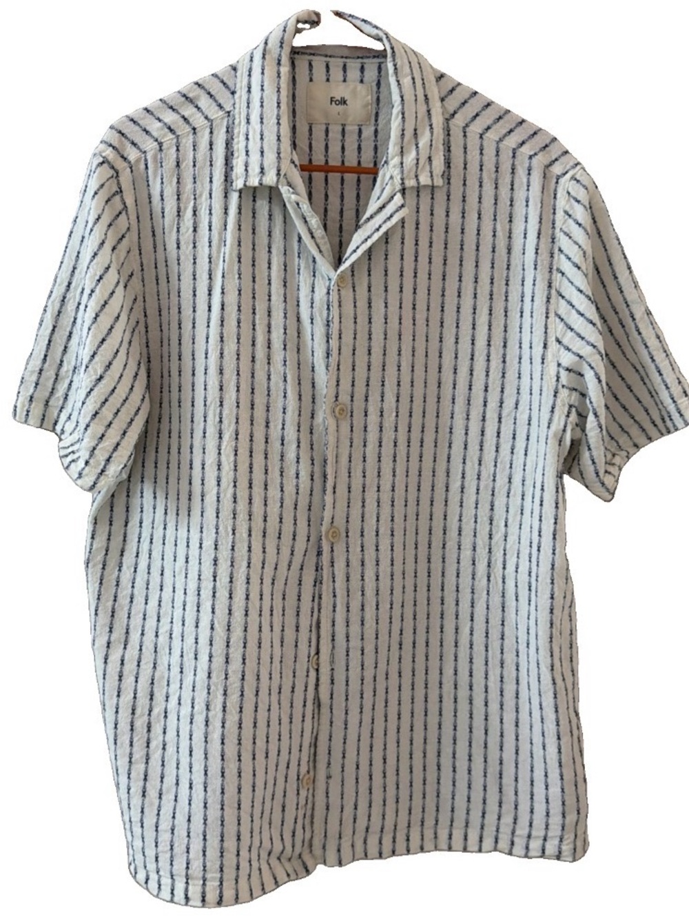 Folk White Shirt with Blue Vertical Stripes cotton linen blend large